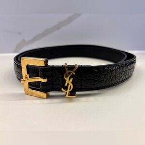 Yves Saint Laurent Croc-Embossed Black Belt with Gold Hardware